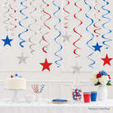 30 Pack Patriotic Star Swirl Decorations Red Blue Silver Foil Ceiling Streamers Party Decor
