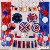 100PCS Patriotic Party Decoration Kit Red White Blue Balloons Fans Banner & Tinsel Set
