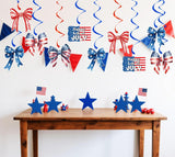 Patriotic Hanging Swirl Decorations with Bow Accents Red White Blue USA Party Decor