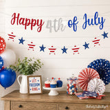 2PCS Happy 4th of July Glitter Star Banner Red Blue Silver Patriotic Garland Decorations