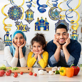 Eid Mubarak Hanging Swirls | Blue Gold Moon Star Islamic Party Decorations (15 Pack)