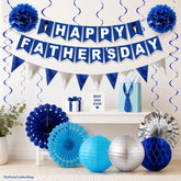 17PCS Father's Day Decorations Set Blue Silver Banner Paper Fans Hanging Swirls Party Supplies