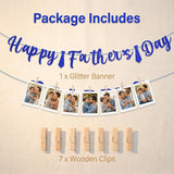 Happy Father's Day Photo Garland Banner with Wooden Clips Blue Glitter Tie Decorations for Dad