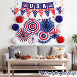27PCS Patriotic Party Decoration Set USA Flags Paper Fans Flower Balls & Hanging Swirls