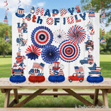 Patriotic 4th of July Decoration Set Banner Paper Fans Hanging Swirls & Honeycomb Centerpieces
