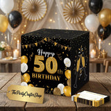 50th Birthday Message Card Box: Black Gold Wishes Advice Holder Party Decoration