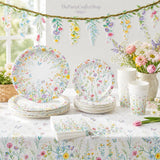 Wildflower Party Tableware Set for 24: Plates, Cups, Napkins, Banner, Tablecloth
