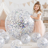 Silver Glitter Beach Balls, 24 Inch Confetti Pool Party Decorations (Set of 6)