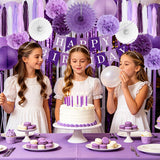 Purple Birthday Party Decorations Set: Tassels, Fans, Pom Poms, Banner
