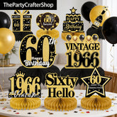 9PCS 60th Birthday Decorations Vintage Black Gold Honeycomb Centerpieces Table Party Supplies