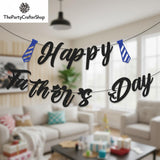 Happy Father's Day Glitter Banner Pre-Strung Black Letter Garland with Blue Tie Decorations