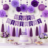 Purple Birthday Party Decorations Set: Tassels, Fans, Pom Poms, Banner