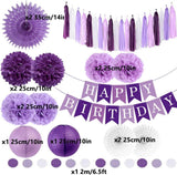 Purple Birthday Party Decorations Set: Tassels, Fans, Pom Poms, Banner