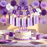 Purple Birthday Party Decorations Set: Tassels, Fans, Pom Poms, Banner