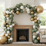 Sage Green Balloon Arch Kit | Olive, Dusty Green, White Gold Confetti Balloons