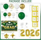 Graduation Balloon Arch Kit, Green Gold Garland, Silver 2026 Foil Numbers, GRAD Box Backdrop