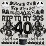 49 Pc 40th Birthday Decorations | Death to My 30s Banner Balloons Cake Toppers | Black Gothic Party Supplies