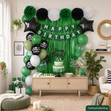 Green Black Birthday Party Decor Kit, Balloons, Fringe Curtain, Banner, Stars