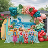 Hawaiian Balloon Arch Kit | Tropical Coral, Pink, Teal, Peach Garland with Palm Leaves
