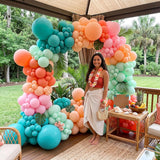 Hawaiian Balloon Arch Kit | Tropical Coral, Pink, Teal, Peach Garland with Palm Leaves