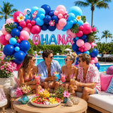 Pink Blue Tropical Balloon Arch Kit | OHANA Hawaiian Party Decor, Palm Leaves, Flowers