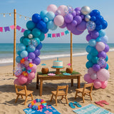 Tropical Balloon Arch Kit | Blue, Purple, Pink Summer Luau Garland with Palm Leaves, Stars