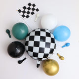 Retro Race Car Balloon Garland Kit | Green, Blue, Black, White, Gold Balloons, Checkered Flags