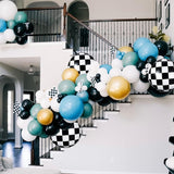 Retro Race Car Balloon Garland Kit | Green, Blue, Black, White, Gold Balloons, Checkered Flags