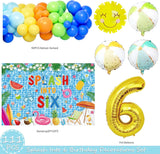 Splash Into Six Birthday Backdrop Banner, Beach Ball Balloon, Tropical Summer Party Decor