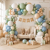 Dusty Blue Sage Green Balloon Arch Kit, 145pc Baby Boy Shower Garland with Yellow White Bear Balloons, Vintage Party Backdrop