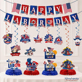 Happy Labor Day Decorations Set, Patriotic Banners, Swirls, Centerpieces, Red White Blue Party Decor