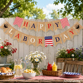 Burlap Happy Labor Day Banner, BBQ Grill Theme Garland, Party Decorations