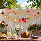 Burlap Happy Labor Day Banner, BBQ Grill Theme Garland, Party Decorations