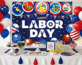Happy Labor Day Backdrop, Patriotic Construction Tools Photo Booth Banner