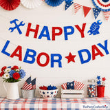 Glitter Happy Labor Day Banner, Patriotic Red White Blue Garland (Pre-assembled)