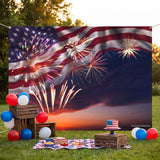 20x10ft American Flag Backdrop, Patriotic Fabric Photo Background with Fireworks for 4th of July, Memorial Day, Veterans Day Decor