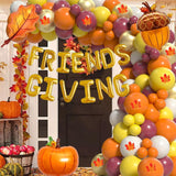 125PCS Friendsgiving Balloon Arch Kit, Orange Yellow Burgundy Balloon Garland, Maple Leaf Thanksgiving Fall Pumpkin Party Decor