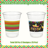 50pc Mexican Fiesta Cups, 12oz Clear Plastic Drinking Cups (Cinco de Mayo Party Supplies)