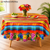 Mexican Floral Serape Tablecloth Set, 84 Inch Round Plastic Covers (3PCS)