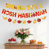 Rosh Hashanah Bunting Garland, Shana Tova Pomegranate Menorah Honey Pot Decor (3PCS)