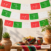 Red Green White Papel Picado Banner 3 Pack, Mexican Independence Day Tricolor Fiesta Decorations