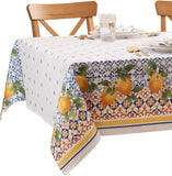 Mediterranean Lemon Tablecloth, Double Border Citrus Floral, 60x120 Inch Polyester Dining Cover