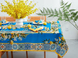Provence Blue Lemon Tablecloth, Mediterranean Tile Pattern, 60x84 Inch Dining Decor