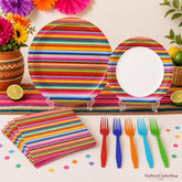 Mexican Fiesta Tableware Set, Serape Stripe Plates, Napkins, Forks (100 Pieces)