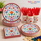 Mexican Fiesta Tableware Set, Floral Mandala Plates, Napkins, Cups, Utensils (168PCS)