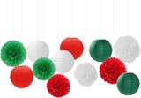 Red Green White Tissue Paper Pom Poms Lanterns, Mexican Fiesta Decor (15PCS)