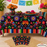 Mexican Fiesta Tablecloth Set, Floral Serape Pattern, 54x108 Inch Plastic Covers (3PCS)