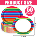 Mexican Fiesta Oval Paper Plates, 10x12 Inch Striped Party Supplies (50 Count)