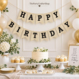 Burlap Happy Birthday Banner, Rustic Party Backdrop Decor (Pre-Strung)