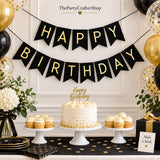 Black Gold Happy Birthday Banner, Shiny Letter Bunting Garland (Eco-Friendly Paper)
